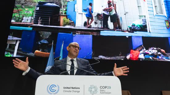 Simon Stiell, Secretário Executivo de Mudanças Climáticas da ONU, na plenária de abertura da COP29 - Kiara Worth / Divulgacao / ONU Mudanças Climáticas