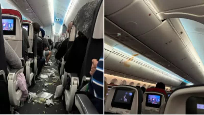Turbulência em voo faz passageiros pularem dos assentos e comida vai parar  no teto do avião