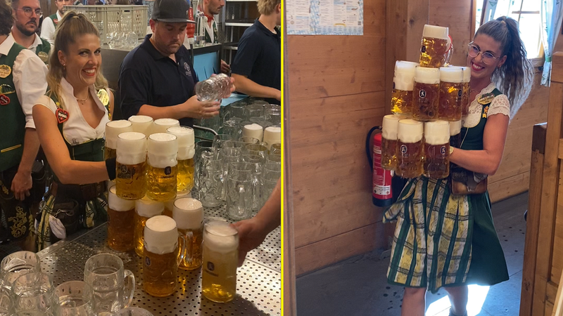 Eine Oktoberfest-Kellnerin ging viral, nachdem sie gleichzeitig 13 Pints ​​Bier bei sich trug