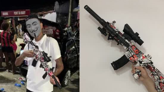 A arma que o influenciador segura na foto se trata da imitação de um fuzil M416