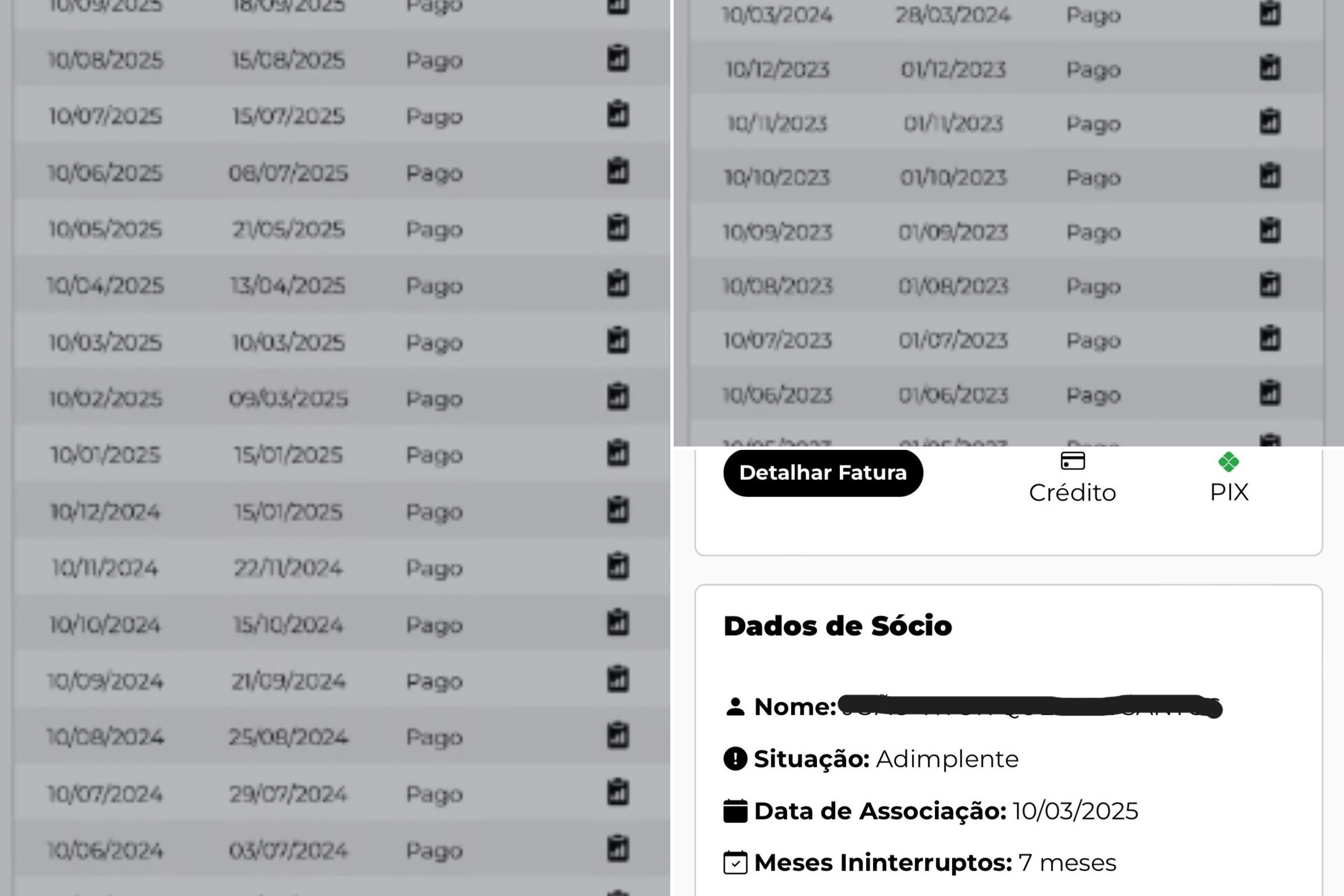 Histórico de pagamento do sócio-torcedor