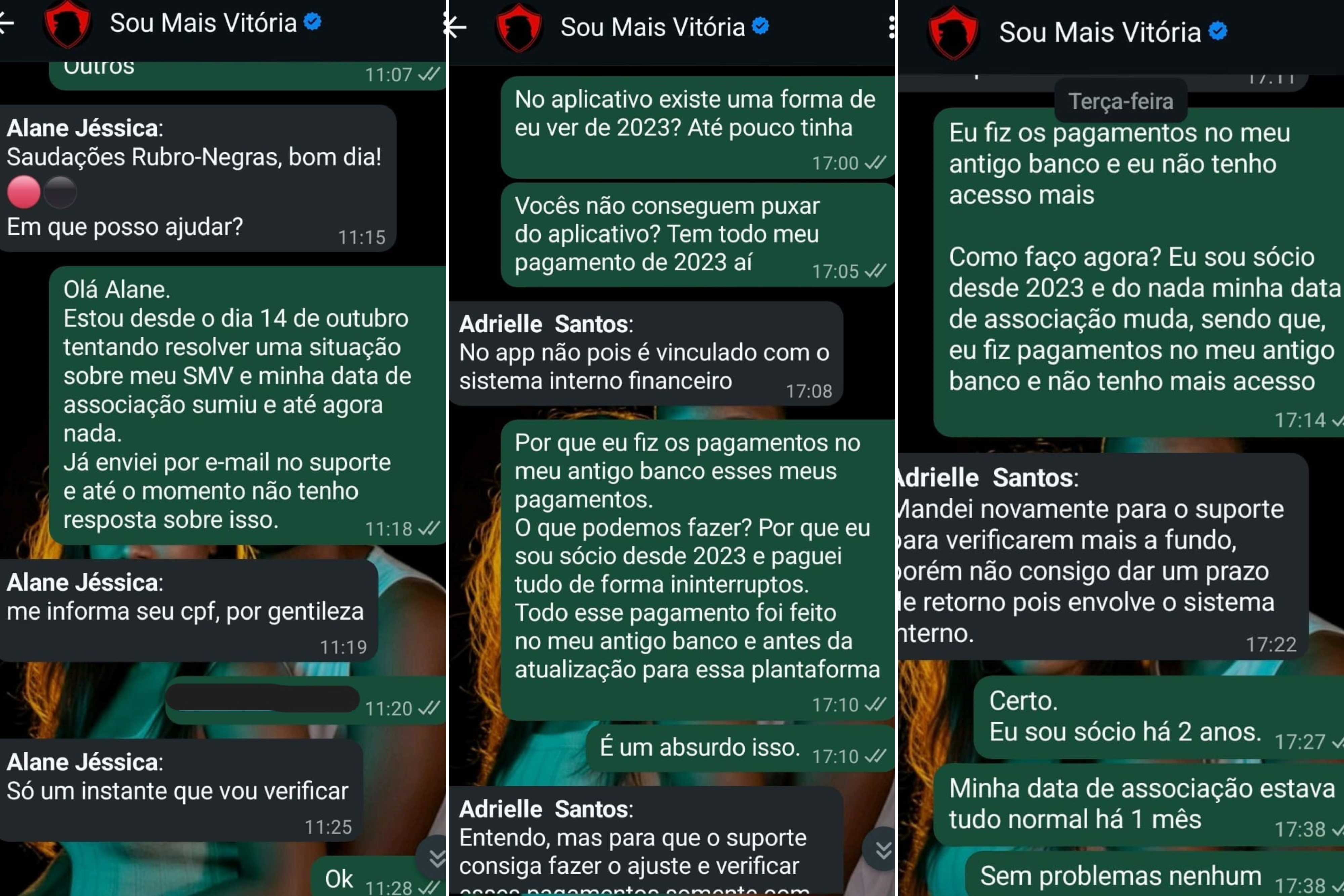 Conversas entre o torcedor e o suporte do SMV