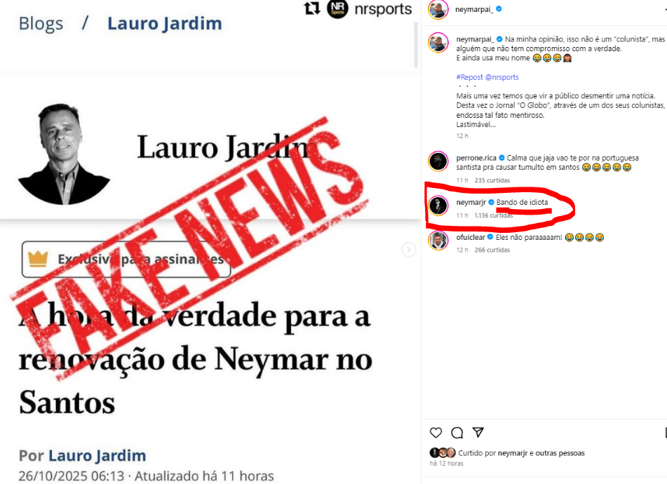 Neymar comenta publicação do pai desmentindo matéria. (Foto: Reprodução/Redes Sociais)