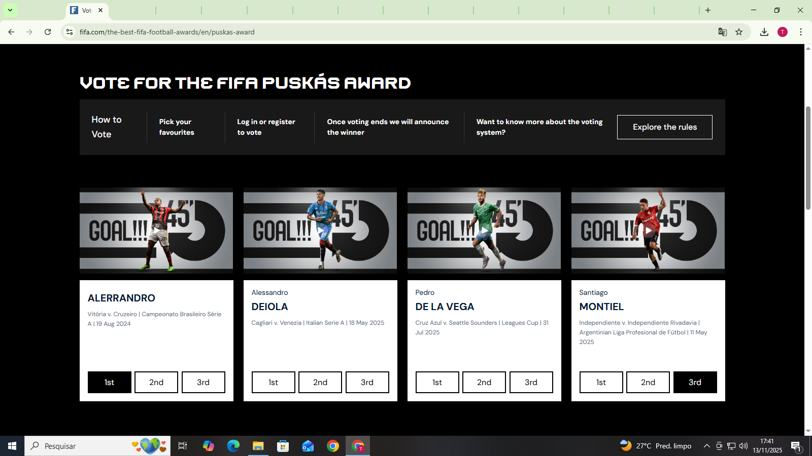 Print de Tela de um leitor do BNews com seu voto no "The Best" da Fifa