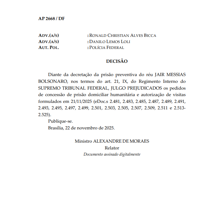 P`rint da decisão de Alexandre de Moraes contra o pedido de prisão domiciliar de Bolsonaro (PL)