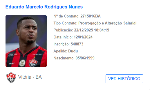 Print de tela do site do BID-CBF mostrando a renovação de Dudu com o Vitória