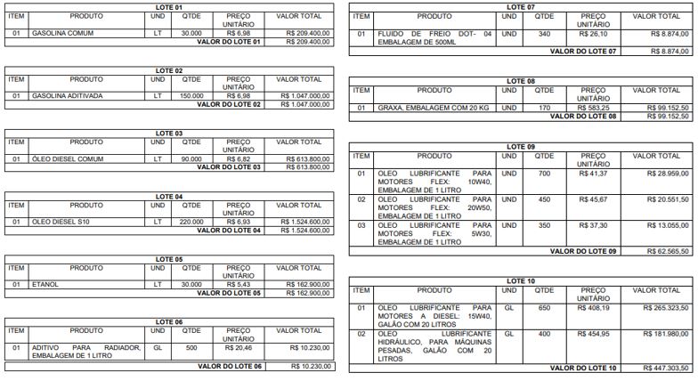 Lotes da licitação