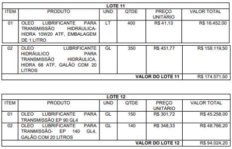 Lotes da licitação
