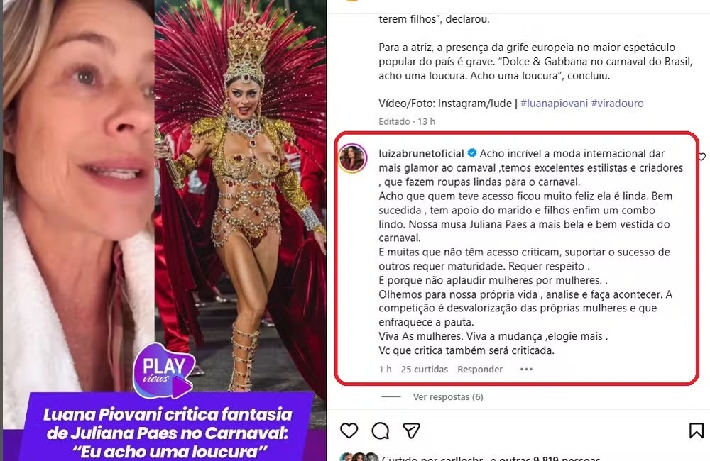 Luiza Brunet rebate Piovani sobre crítica à fantasia de Juliana Paes — Foto: Reprodução/Instagram