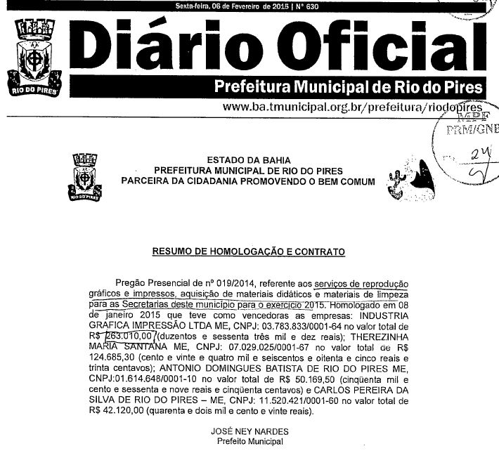 Homologação do pregão e contratos 