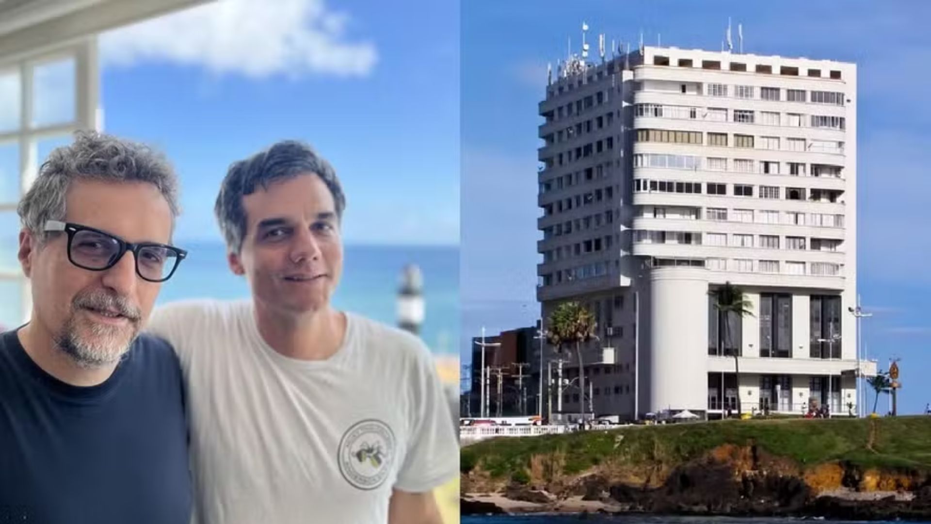 Wagner Moura com Kleber Mendon&ccedil;a Filho em seu apartamento no edif&iacute;cio Oceania, em frente ao Farol da Barra - Reprodu&ccedil;&atilde;o/Instagram e Divulga&ccedil;&atilde;o/Ipac