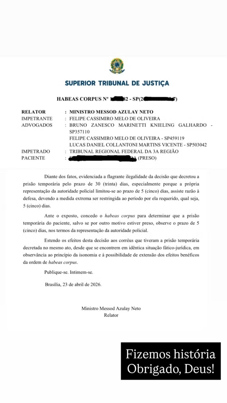 Advogado de MC Ryan comemora habeas corpus — Foto Reprodução  Instagram