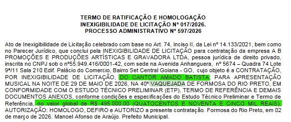 Resumo dos contratos no Diário Oficial do Município de Formosa do Rio Preto 