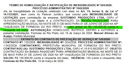 Resumo dos contratos no Diário Oficial do Município de Formosa do Rio Preto 