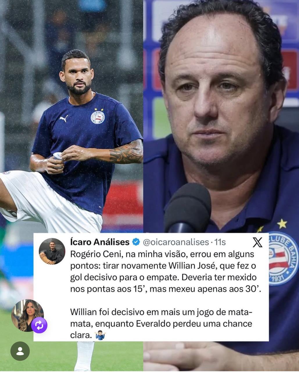 Esposa de Willian republica críticas para Rogério Ceni