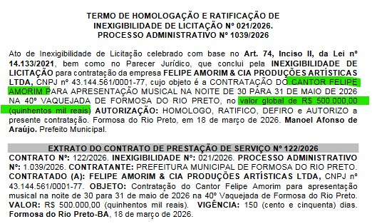 Resumo dos contratos no Diário Oficial do Município de Formosa do Rio Preto 