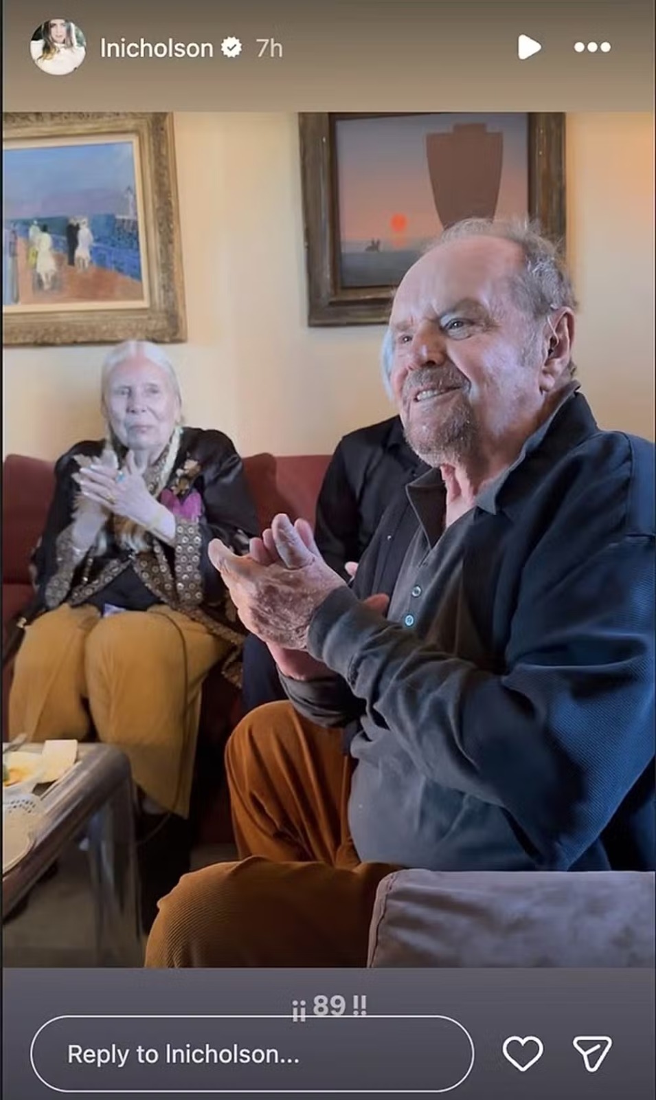 Joni Mitchell e Jack Nicholson no aniversário de 89 anos do ator — Foto: Reprodução/Instagram