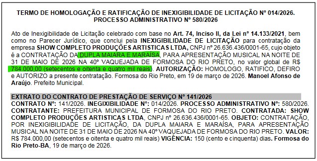 Resumo dos contratos no Di&aacute;rio Oficial do Munic&iacute;pio de Formosa do Rio Preto 