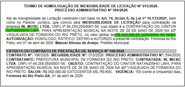 Resumo dos contratos no Di&aacute;rio Oficial do Munic&iacute;pio de Formosa do Rio Preto 