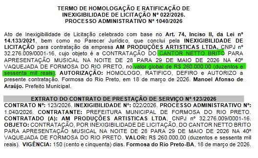 Resumo dos contratos no Diário Oficial do Município de Formosa do Rio Preto 