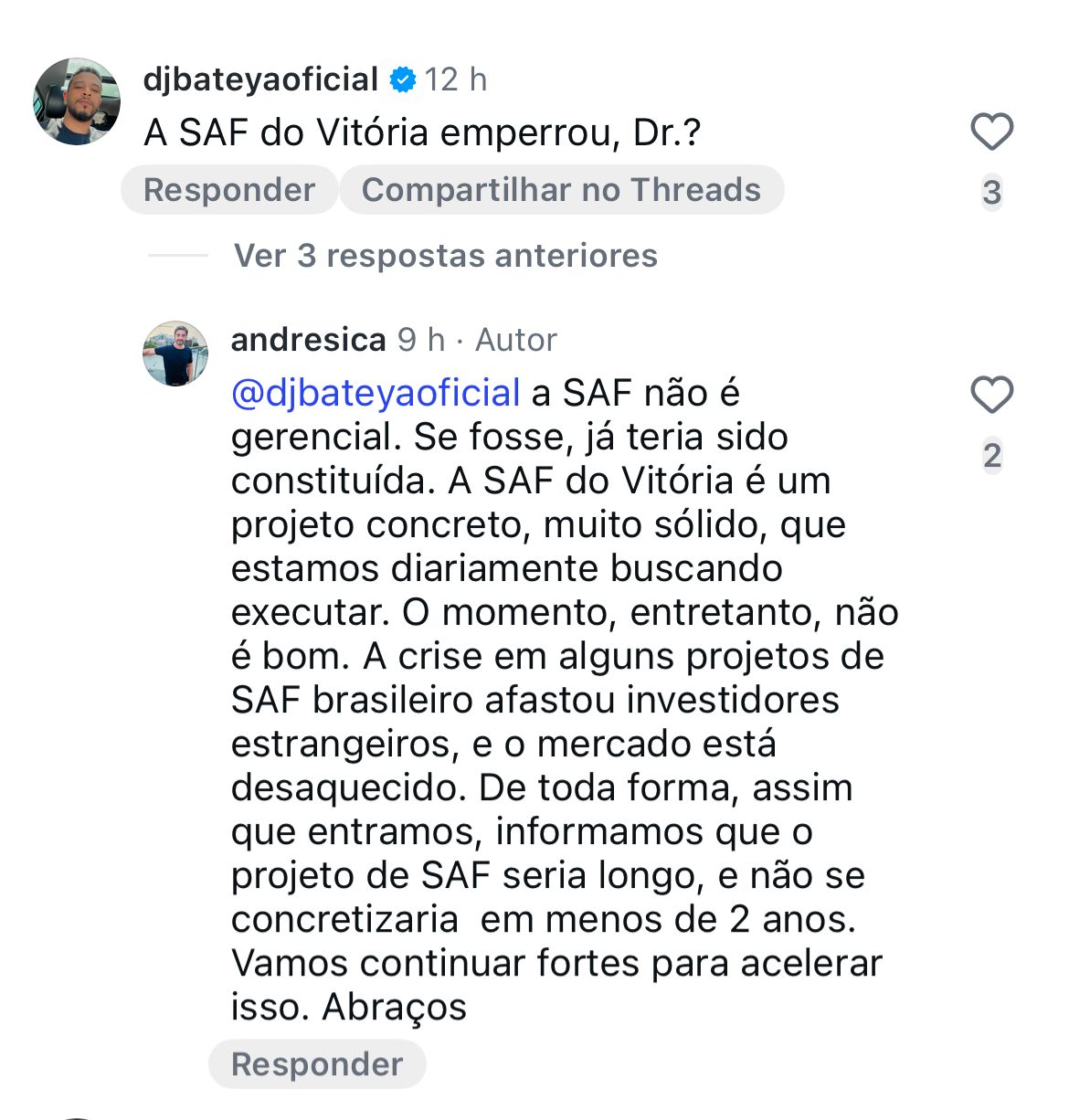 Print de tela do Instagram com pergunta e resposta de André Sica