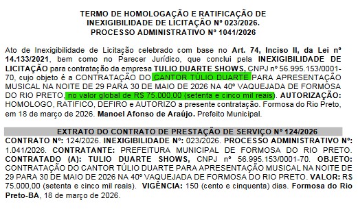 Resumo dos contratos no Diário Oficial do Município de Formosa do Rio Preto 