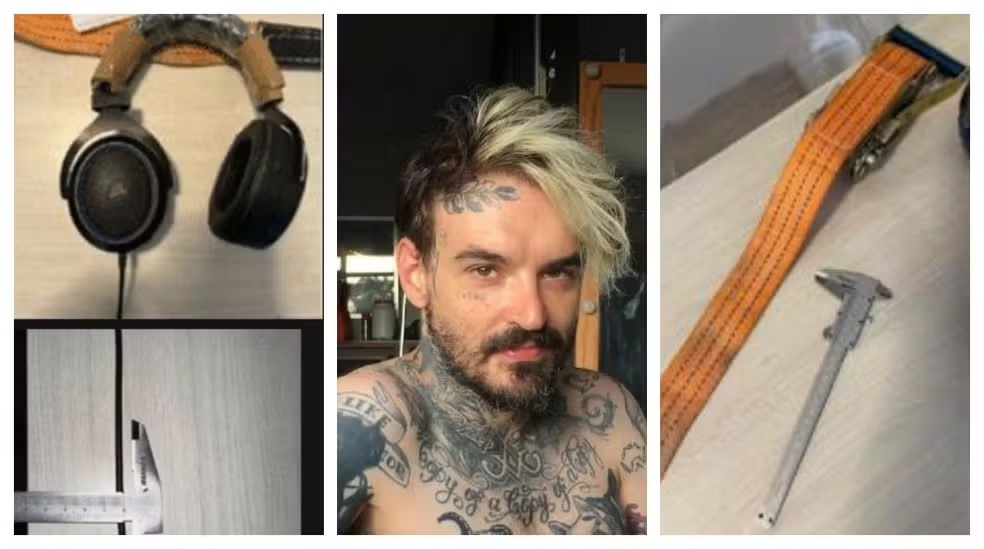 Parecer técnico de perito particular aponta que PC foi estrangulado com fio de fone de ouvido (à esquerda). Perícia oficial concluiu que influencer se enforcou e se suicidou com cinta de catraca (à direita). Polícia ainda investiga como artista morreu. — Foto: Reprodução