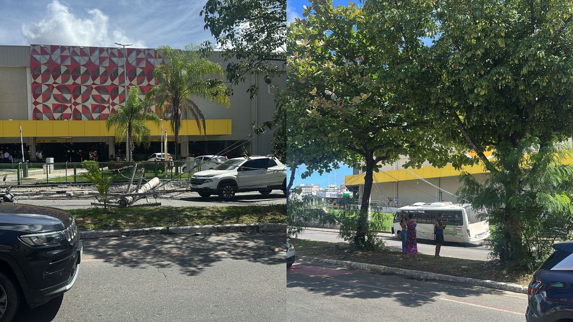 Ônibus perde controle, derruba poste e causa congestionamento em frente a supermercado em Salvador; ASSISTA