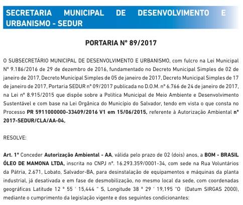 Licença concedida pela Prefeitura de Salvador 