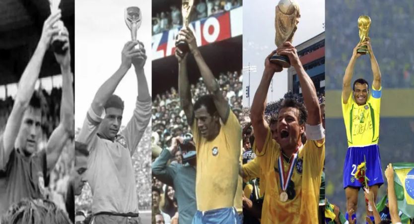 Capitães das cinco conquistas do Brasil erguendo a taça (Foto: Reprodução/Redes Sociais)