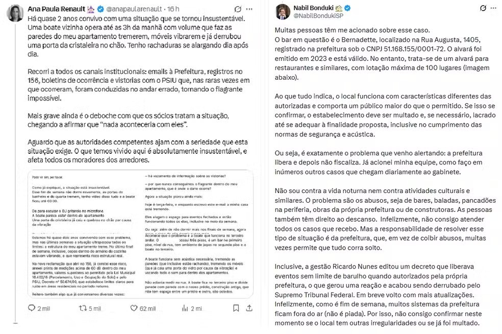 Posts de Ana Paula Renault e Nabil Bonduki falando sobre o bar na rua Augusta. — Foto ReproduçãoRedes Sociais