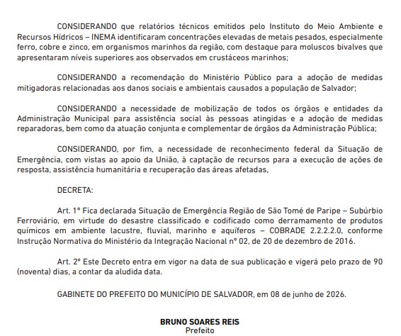 Decreto oficial da prefeitura