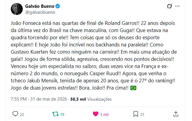 Print de tela de um Twitte de Galvão Bueno