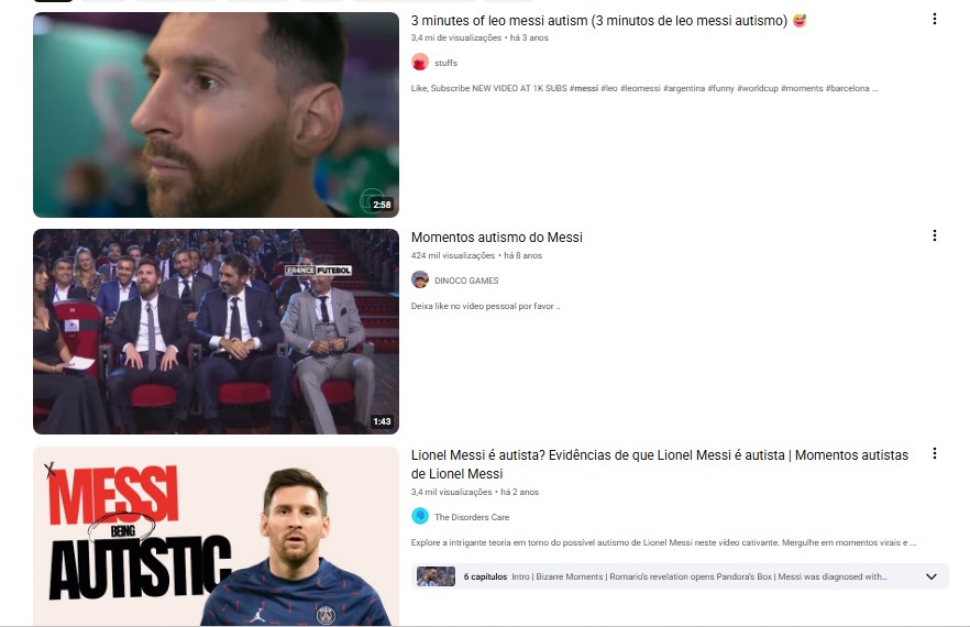 Pesquisa no youtube sobre autismo de Messi
