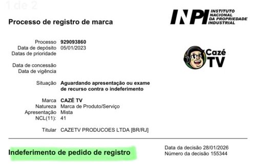 registro INPI cazé tv