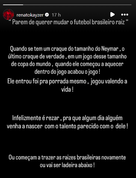 Print de publicação no story do Instagram do jogador do Vitória, Renato Kayzer