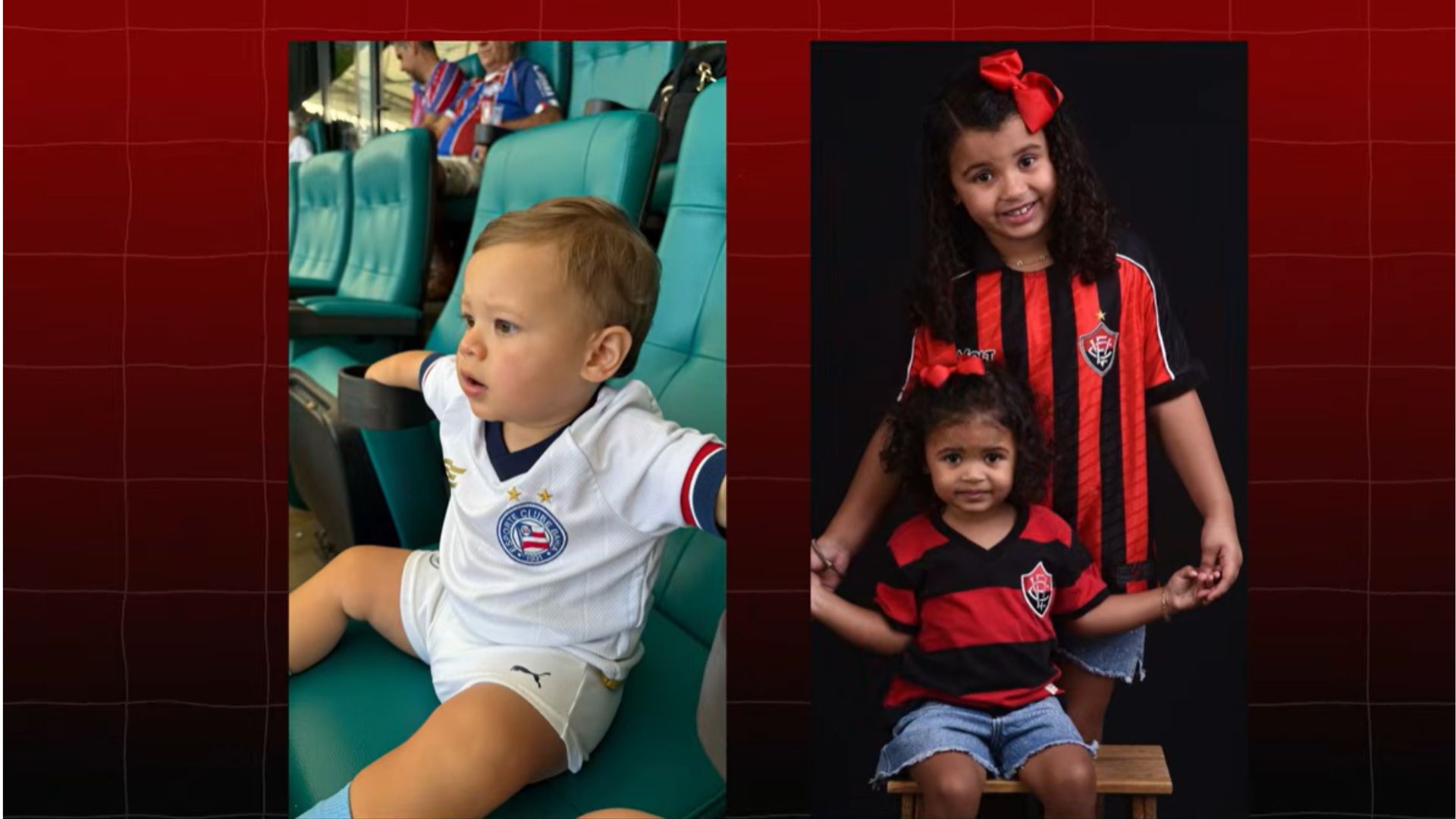Matteo, torcedor do Bahia, e as irmãs Gabriela e Laura, torcedoras do Vitória, já crescem cercados pela paixão dos pais Foto: Reprodução/BNewsTV