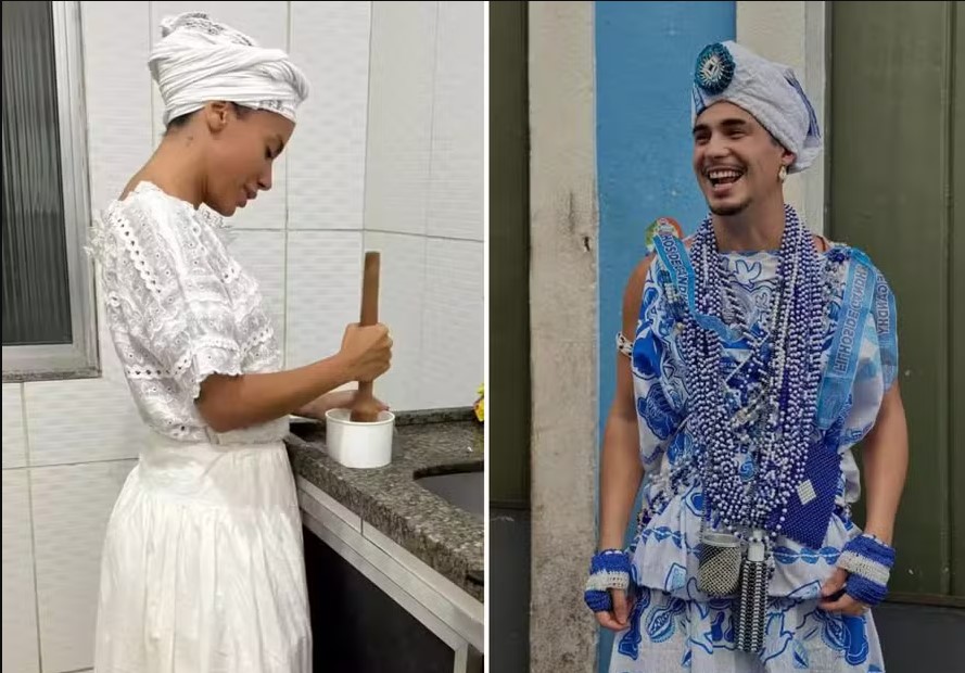 Anitta com vestimentas do Candomblé e Danilo Mesquita com fantasia dos Filhos de Gandhy