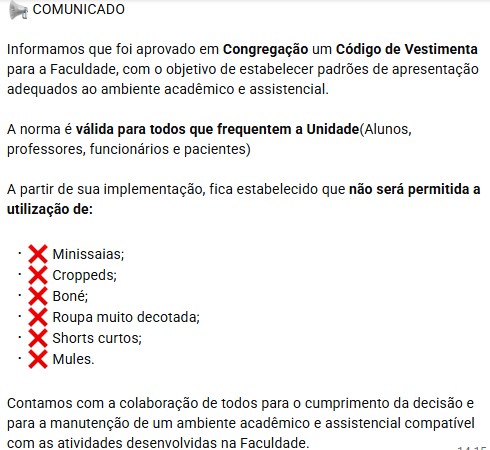 Código de vestimenta divulgado pela Faculdade de Odontologia da UFBA