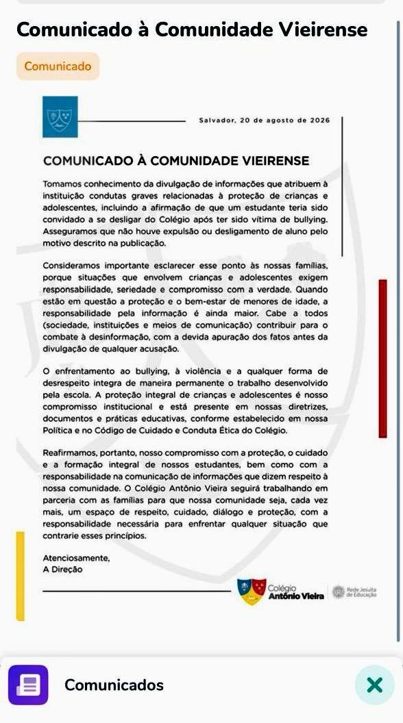 Comunicado direcionado à comunidade interna do Colégio Antonio Vieira