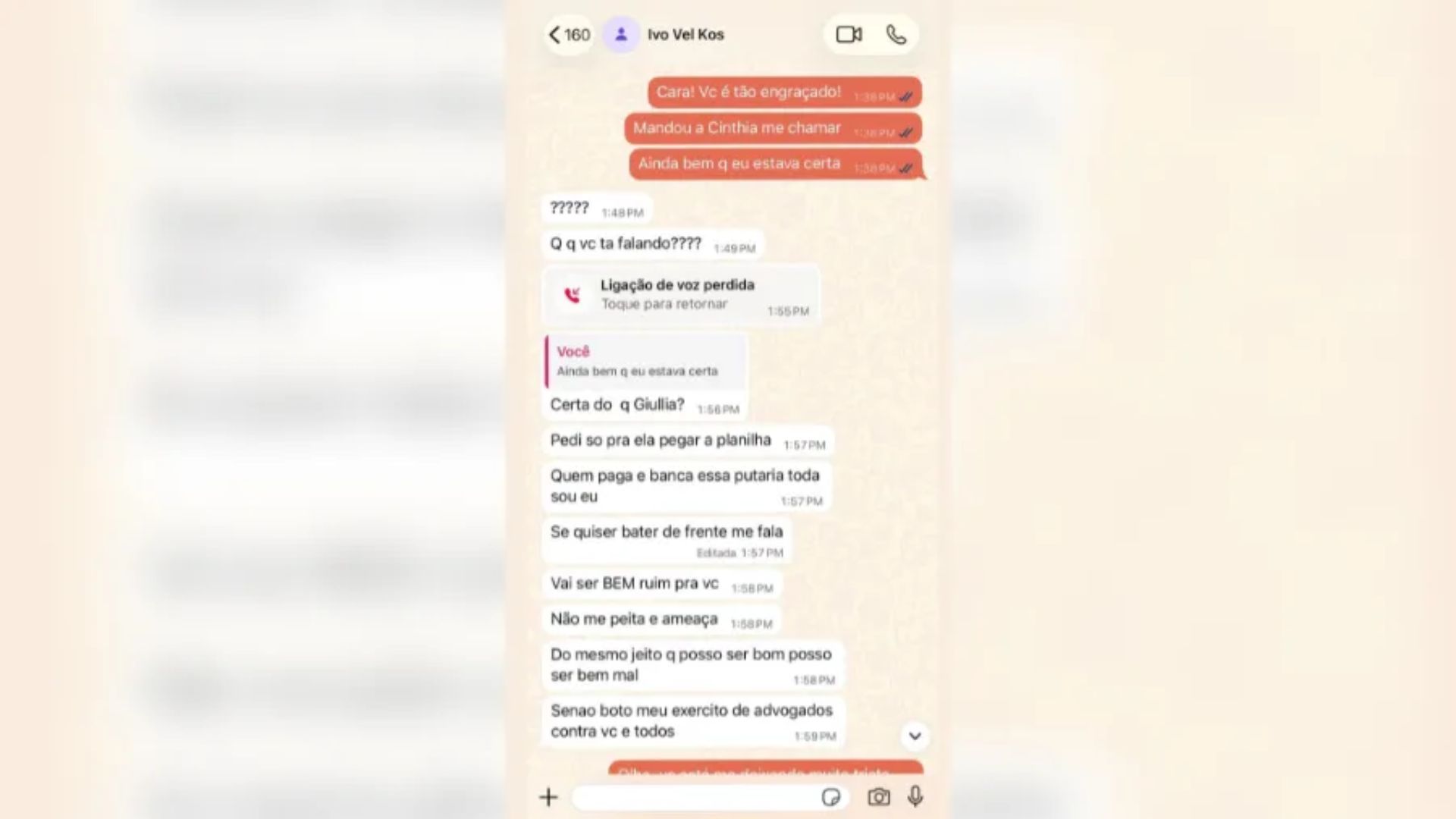 Vítima mostra print com ameaças de empresário preso