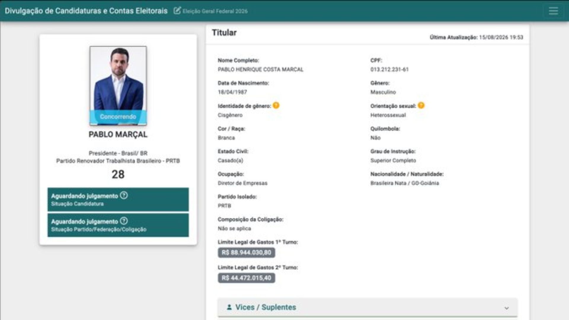  Pablo Marçal registra candidatura à Presidência da República.
