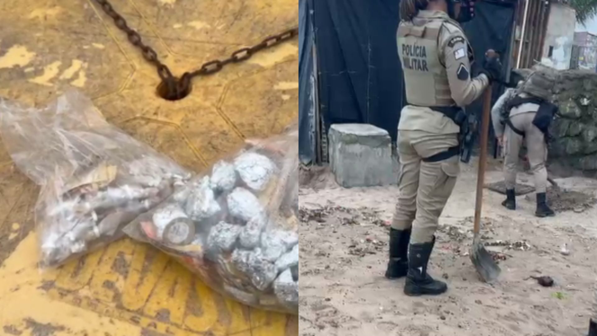 Drogas e dinheiro são encontrados enterrados na areia durante ação policial em Itapuã - Divulgação/Policia Militar