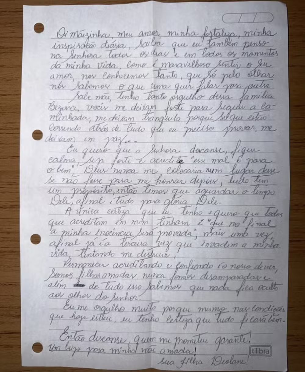 Carta de Deolane para mãe
