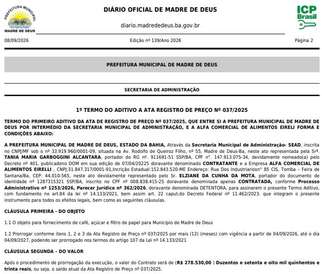 Termo aditivo publicado no Diário Oficial
