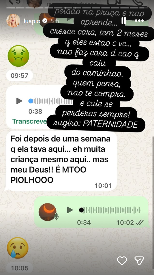 Cíntia Dicker afirmou em conversa com Luana que Liz começou a apresentar o problema cerca de uma semana após chegar ao Brasil — Foto: Reprodução/Instagram