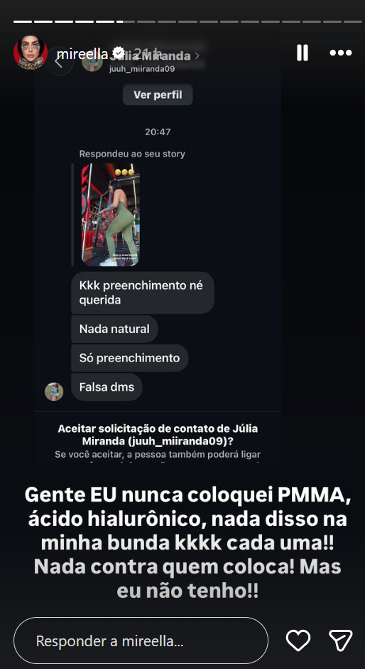 MC Mirella rebateu uma internauta após ser acusada de ter preenchimento no bumbum e negou o uso de PMMA ou ácido hialurônico — Foto: Reprodução/Instagram