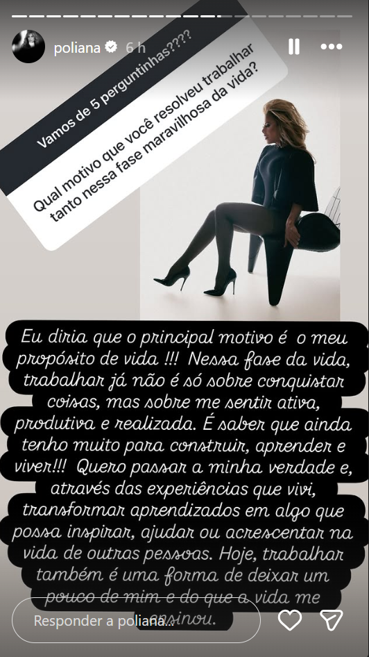 Poliana Rocha explicou aos seguidores o que a motiva a continuar trabalhando nesta fase da vida — Foto: Reprodução/Instagram