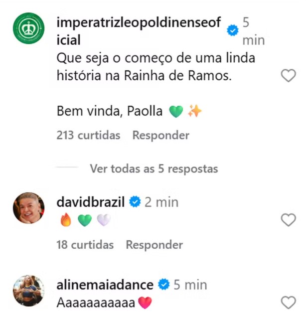 Famosos celebram Paolla Oliveira como rainha de bateria da Imperatriz Leopoldinense