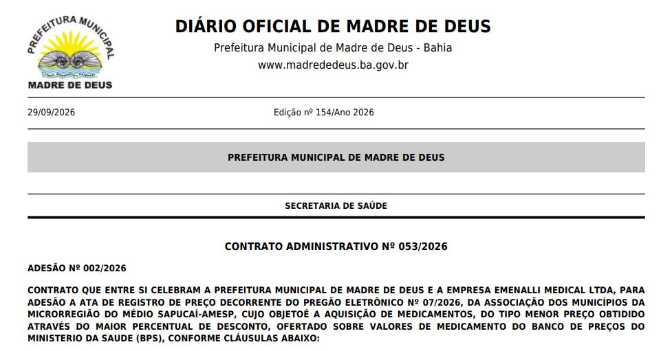 Contrato publicado no Diário Oficial